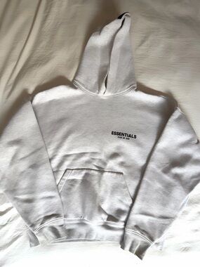 Essentials Greyish-White Hoodie with Black Chest Logo